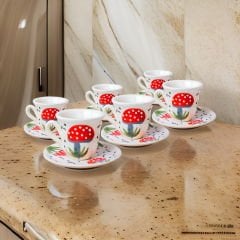 İlbay Çini Seramik El İşi Mantar Desenli 6 Kişilik Türk Kahvesi Fincan Takımı