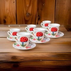 İlbay Çini Seramik El İşi Mantar Desenli 6 Kişilik Türk Kahvesi Fincan Takımı