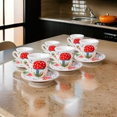 İlbay Çini Seramik El İşi Mantar Desenli 6 Kişilik Türk Kahvesi Fincan Takımı