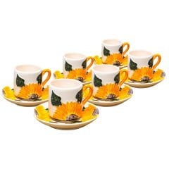İlbay Çini Seramik  6 Kişilik El Yapımı Türk Kahvesi Ayçiçeği Fincan Takımı