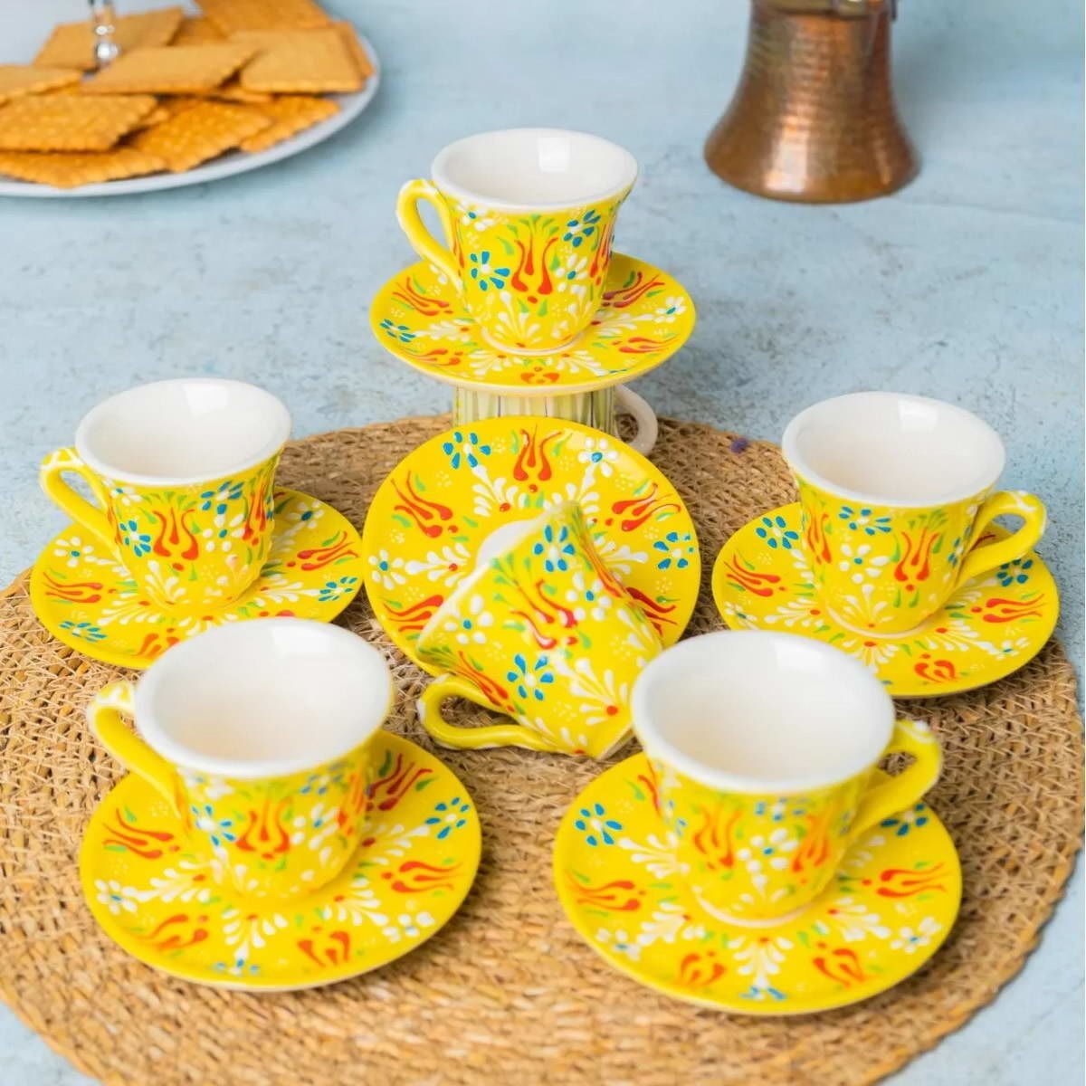 İlbay Çini Seramik 6 Kişilik Sarı Dantel Kahve Fincanı Takımı