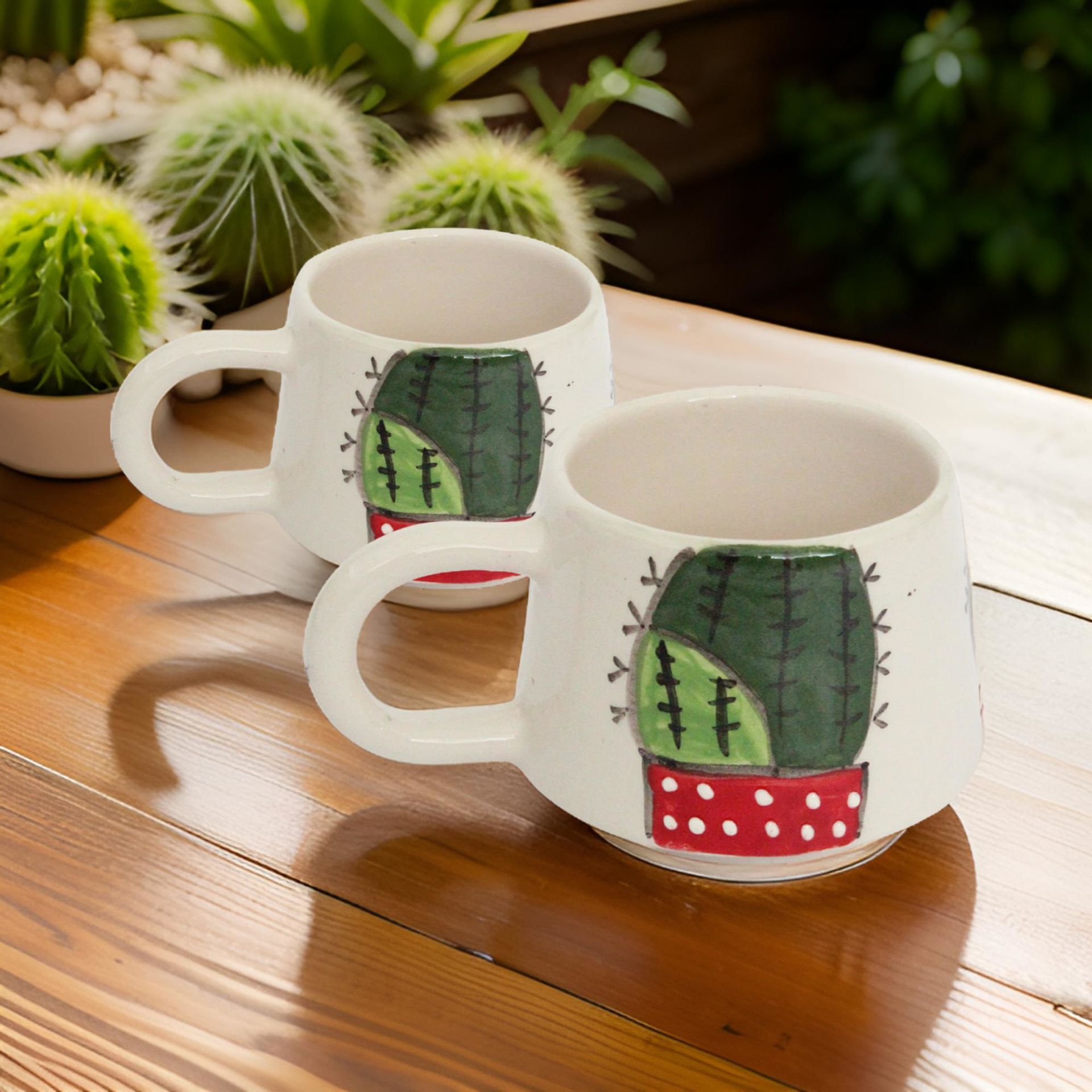 İlbay Seramik 2 li Klasik Kaktüs Kupa Bardak Mug Nescafe Fincanı