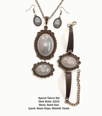Kolye Bileklik Yüzük Küpe Aparat Takım Set 2215 Antik Sarı
