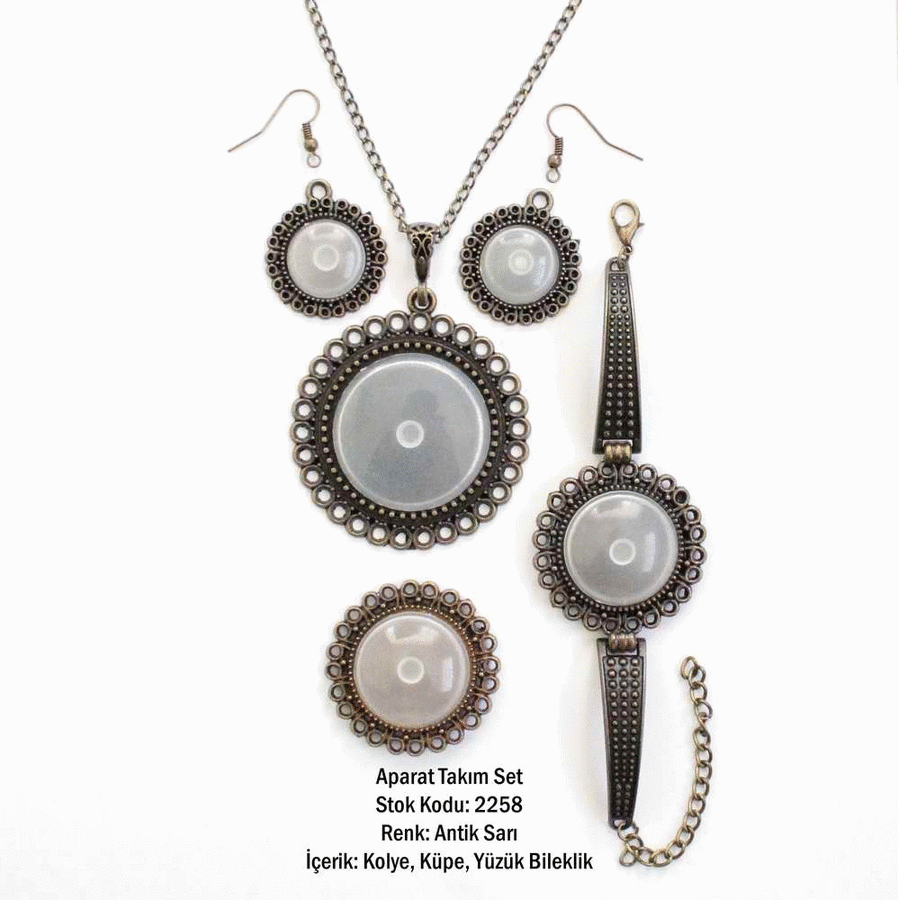 Kolye Bileklik Yüzük Küpe Aparat Takım Set 2258 Antik Sarı