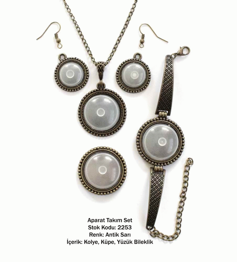 Kolye Bileklik Yüzük Küpe Aparat Takım Set 2253 Antik Sarı