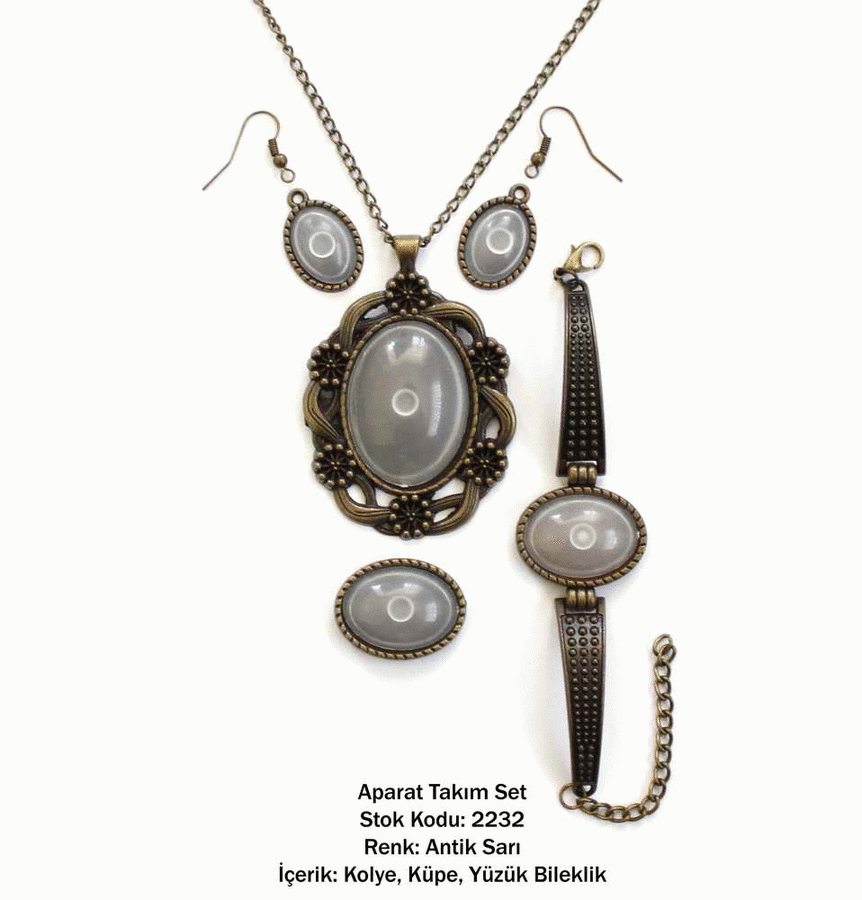 Kolye Bileklik Yüzük Küpe Aparat Takım Set 2232 Antik Sarı