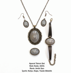 Kolye Bileklik Yüzük Küpe Aparat Takım Set 2231 Antik Sarı