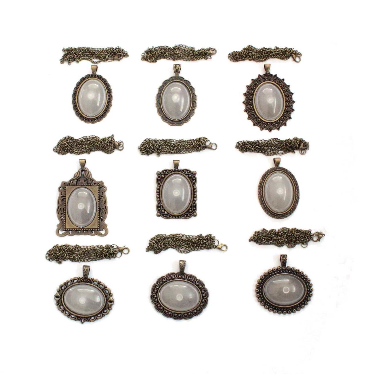 Set 113: Antik Sarı Renkli 26-34 mm Zincirli Oval 9 lu Metal Kolye Malzemeleri Seti