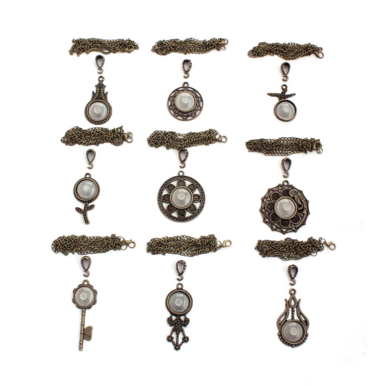 Set 118:  Antik Sarı Renkli 16 mm Zincirli Oval 9 lu Küçük Metal Kolye Malzemeleri Seti