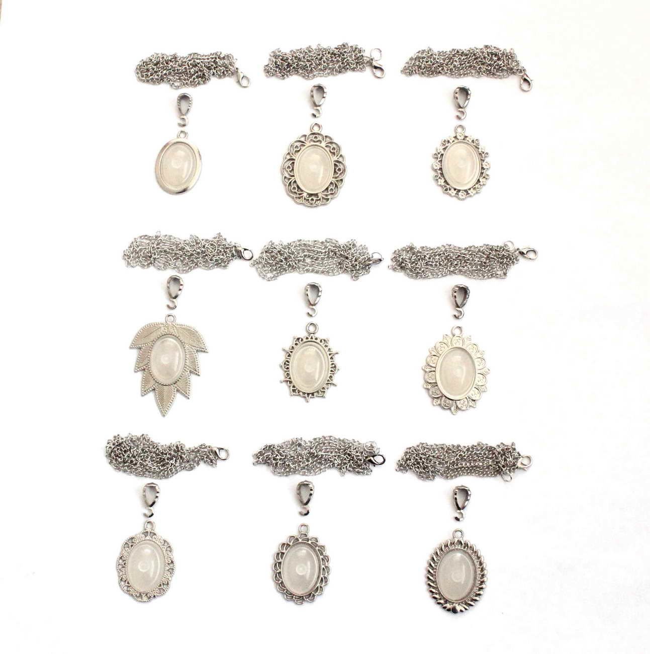 Set 124: Nikel Renkli 18-25 mm Zincirli Oval 9 lu Metal Kolye Malzemeleri Seti