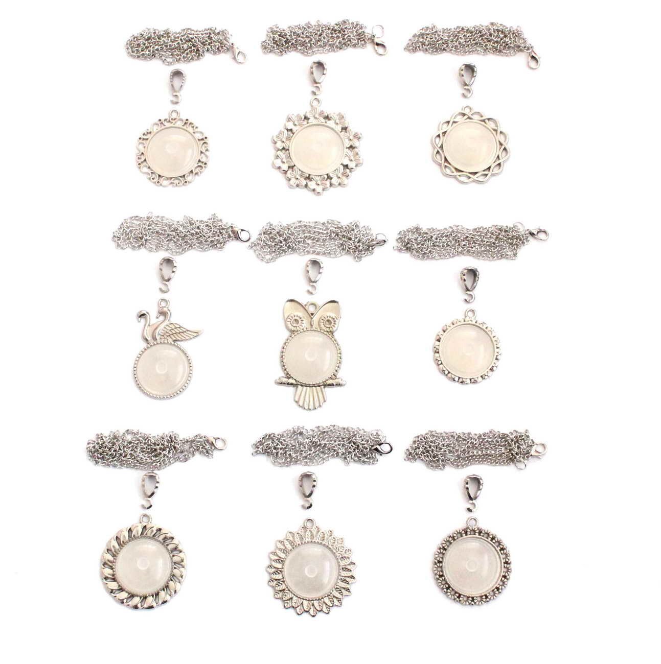 Set 125: Nikel Renkli 25 mm Zincirli Yuvarlak 9 lu Metal Kolye Malzemeleri Seti