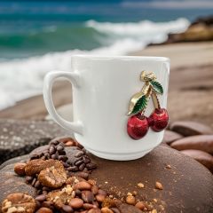 İlbay Seramik Times Kabartma Metalli Kirazlı Kupa Bardak Mug Neskafe Fincanı