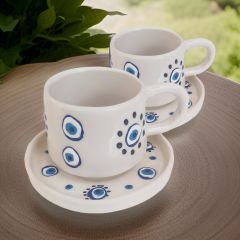 İlbay Seramik 2 li Tabaklı Klasik Yuvarlak Nazar Kupa Mug Nescafe Fincanı