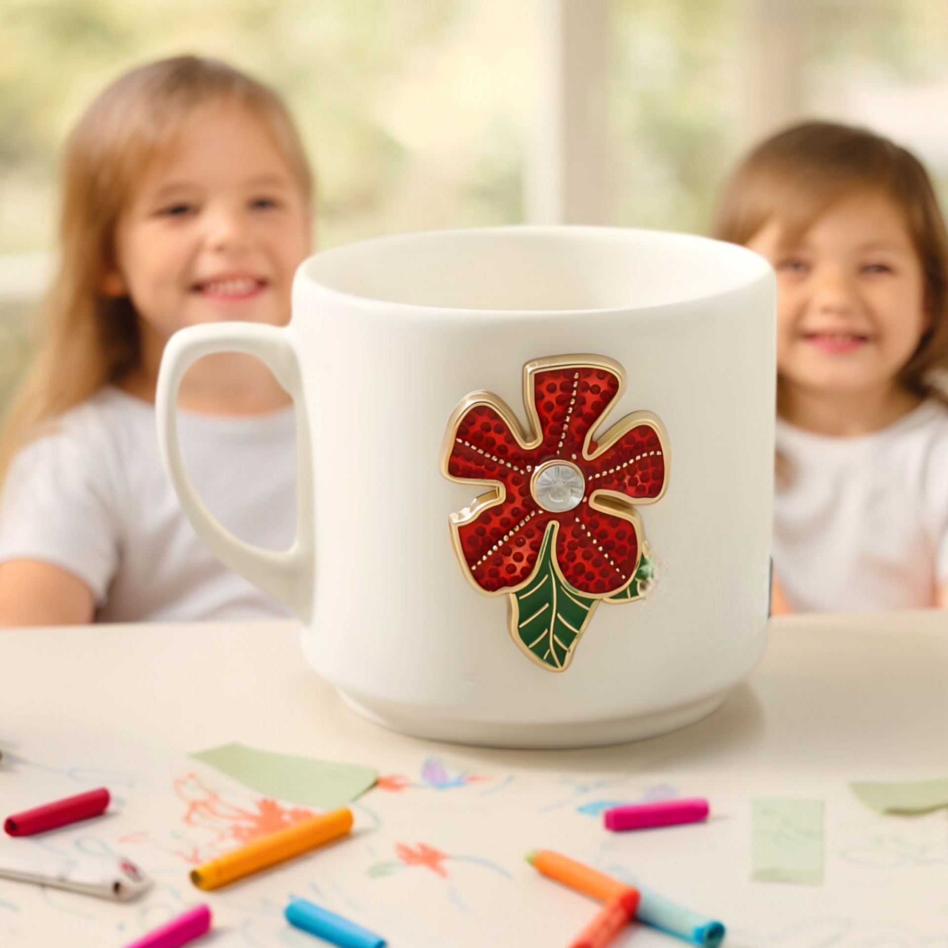 Kırmızı Çiçek Seramik Kupa Bardak Duble Kahve Fincanı