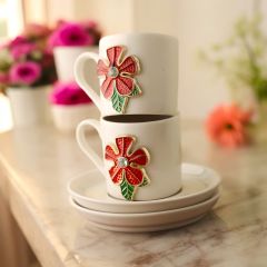Kırmızı Yonca Çiçek Porselen 2 li Metal Süslü Türk Kahvesi Fincan Takımı