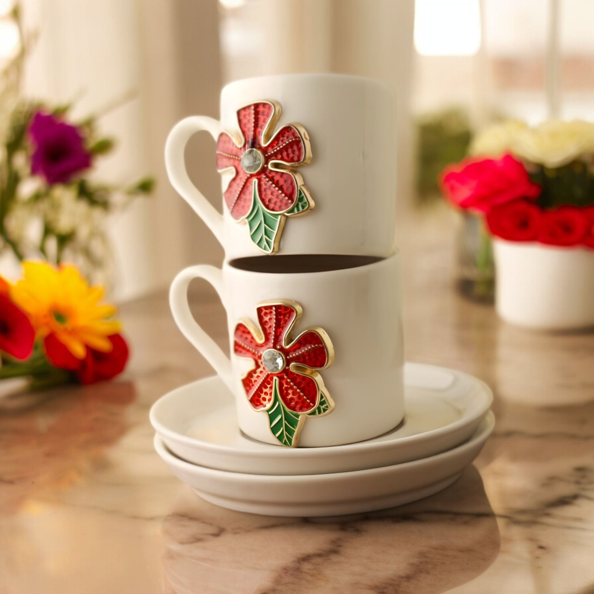 Kırmızı Yonca Çiçek Porselen 2 li Metal Süslü Türk Kahvesi Fincan Takımı