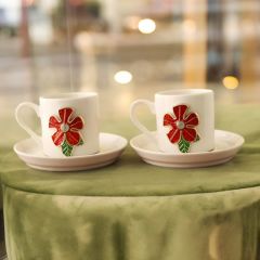 Kırmızı Yonca Çiçek Porselen 2 li Metal Süslü Türk Kahvesi Fincan Takımı
