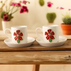 Kırmızı Yonca Çiçek Porselen 2 li Metal Süslü Türk Kahvesi Fincan Takımı