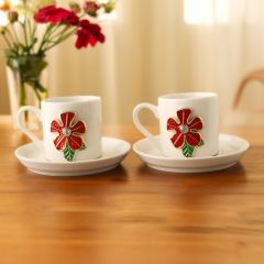 Kırmızı Yonca Çiçek Porselen 2 li Metal Süslü Türk Kahvesi Fincan Takımı