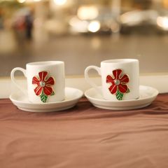 Kırmızı Yonca Çiçek Porselen 2 li Metal Süslü Türk Kahvesi Fincan Takımı