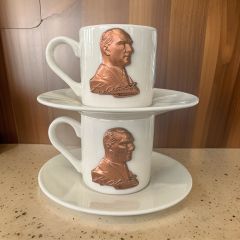 Metalli Kırmızımsı Atatürk Porselen 2 li Türk Kahvesi Fincan Takımı