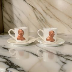 Metalli Kırmızımsı Atatürk Porselen 2 li Türk Kahvesi Fincan Takımı