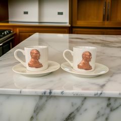 Metalli Kırmızımsı Atatürk Porselen 2 li Türk Kahvesi Fincan Takımı