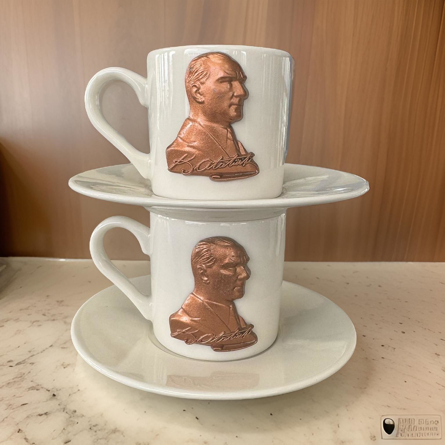 Metalli Kırmızımsı Atatürk Porselen 2 li Türk Kahvesi Fincan Takımı