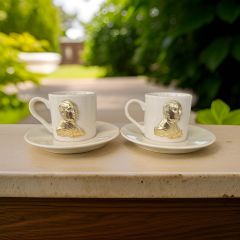 Metalli Altın Sarısı Atatürk Porselen 2 li Türk Kahvesi Fincan Takımı