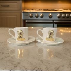 Metalli Altın Sarısı Atatürk Porselen 2 li Türk Kahvesi Fincan Takımı