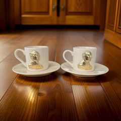 Metalli Altın Sarısı Atatürk Porselen 2 li Türk Kahvesi Fincan Takımı