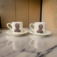 Metalli Bronz Atatürk Porselen 2 li Türk Kahvesi Fincan Takımı