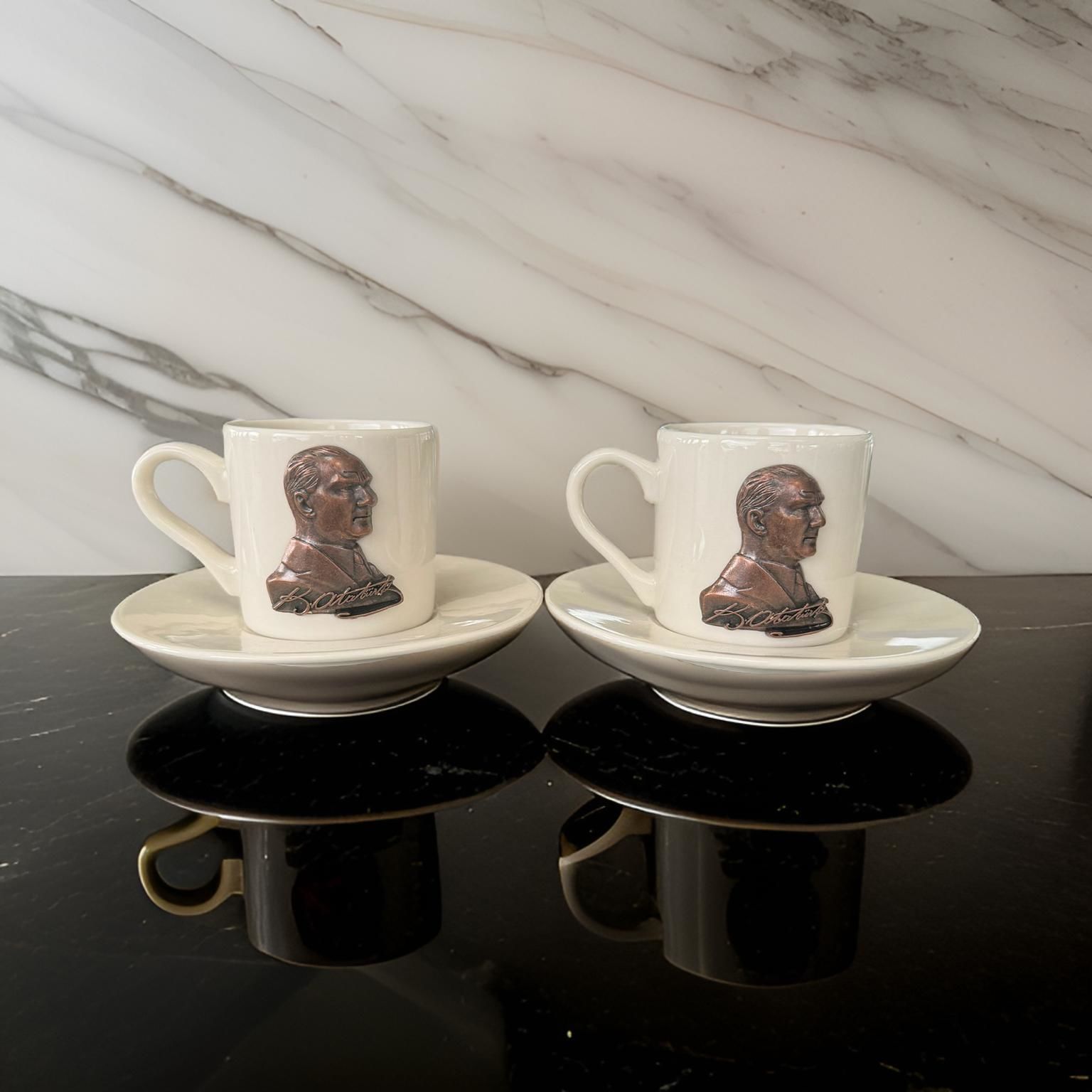 Metalli Bronz Atatürk Porselen 2 li Türk Kahvesi Fincan Takımı