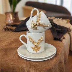 Metalli Altın Sarısı Geyik Porselen 2 li Türk Kahvesi Porselen Fincan Takım