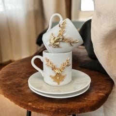 Metalli Altın Sarısı Geyik Porselen 2 li Türk Kahvesi Porselen Fincan Takım