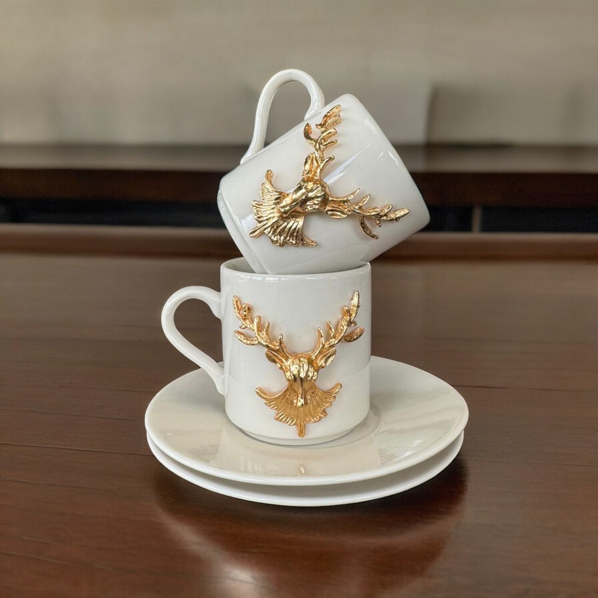 Metalli Altın Sarısı Geyik Porselen 2 li Türk Kahvesi Porselen Fincan Takım