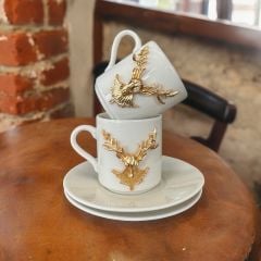 Metalli Altın Sarısı Geyik Porselen 2 li Türk Kahvesi Porselen Fincan Takım