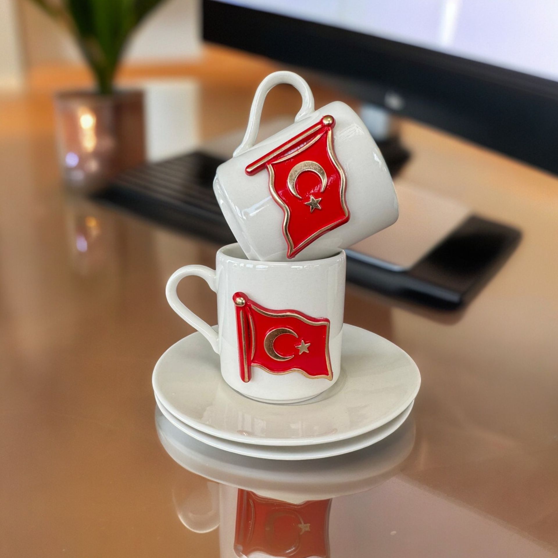 Metalli Bayrak Porselen 2 li Türk Kahvesi Fincan Takım