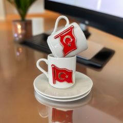 Metalli Bayrak Porselen 2 li Türk Kahvesi Fincan Takım