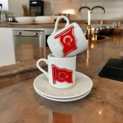Metalli Bayrak Porselen 2 li Türk Kahvesi Fincan Takım