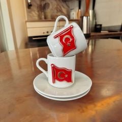 Metalli Bayrak Porselen 2 li Türk Kahvesi Fincan Takım