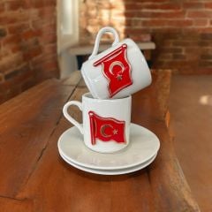 Metalli Bayrak Porselen 2 li Türk Kahvesi Fincan Takım