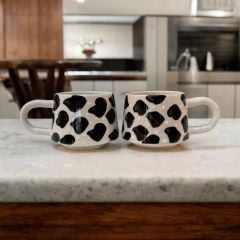 2 Kişilik Seramik Klasik Siyah Dalmaçyalı Kupa Bardak Mug Duble Kahve Fincanı