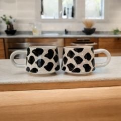 2 Kişilik Seramik Klasik Siyah Dalmaçyalı Kupa Bardak Mug Duble Kahve Fincanı