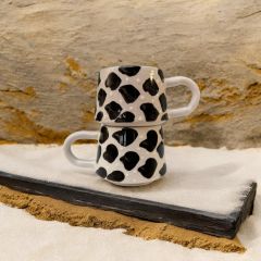 2 Kişilik Seramik Klasik Siyah Dalmaçyalı Kupa Bardak Mug Duble Kahve Fincanı