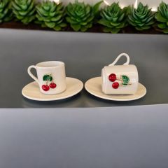2 Kişilik  Metalli Kiraz Türk Kahvesi Porselen Fincanı Takımı