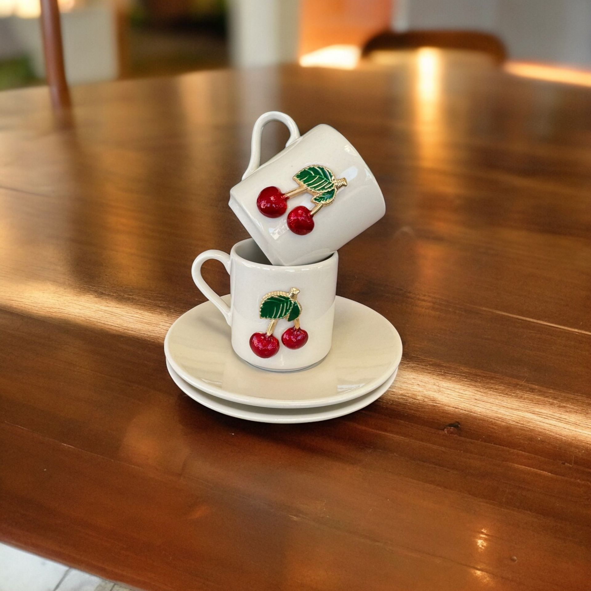 2 Kişilik  Metalli Kiraz Türk Kahvesi Porselen Fincanı Takımı