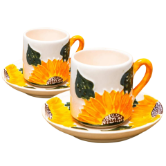 2 Kişilik El Yapımı Seramik Türk Kahvesi Ayçiçeği Fincan Takımı