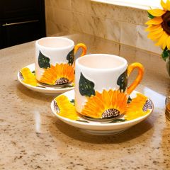 2 Kişilik El Yapımı Seramik Türk Kahvesi Ayçiçeği Fincan Takımı