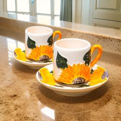 2 Kişilik El Yapımı Seramik Türk Kahvesi Ayçiçeği Fincan Takımı